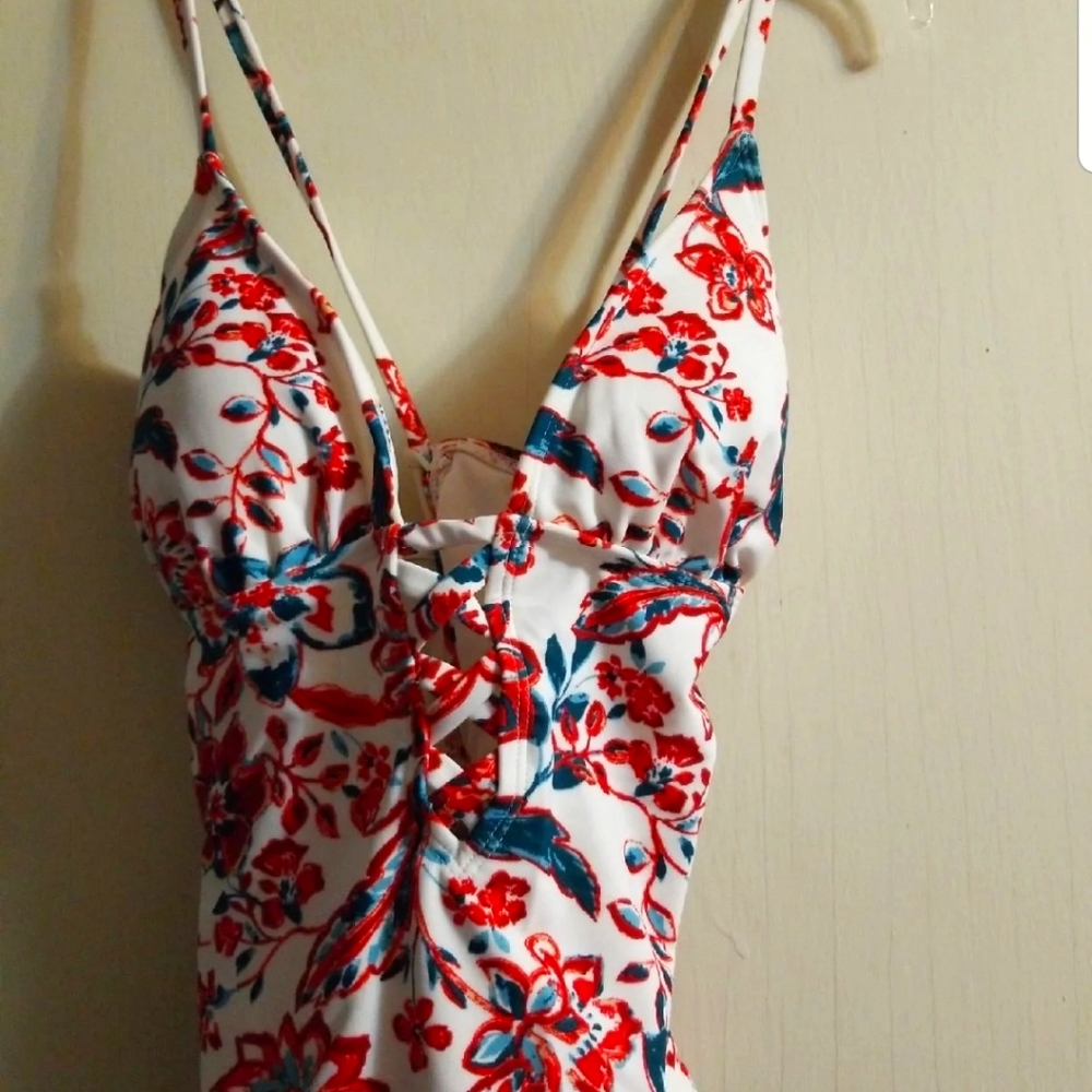 White Floral One-Piece Swimsuit with Red & Teal Print